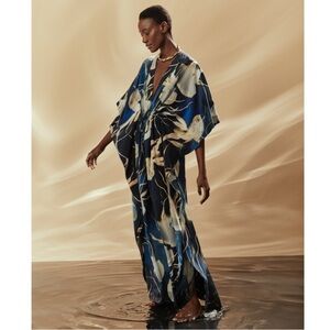 Lenny Niemeyer Abstract Kaftan Maxi Dress Sheer Cover-Up Black Green V-Neck